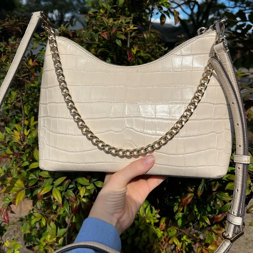 KATE SPADE Ivory Croc Embossed Hobo Baguette Shoulder Bag Crossbody